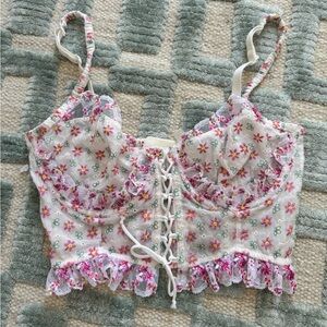 For Love And Lemons Floral Lace-Up Crop Top Bustier 36C